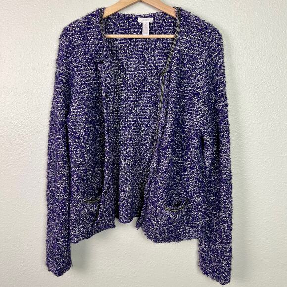Chico's Tweed Boucle Fringe Wool Blend Purple Blazer Cardigan Jacket Chico's 2 - Picture 8 of 9